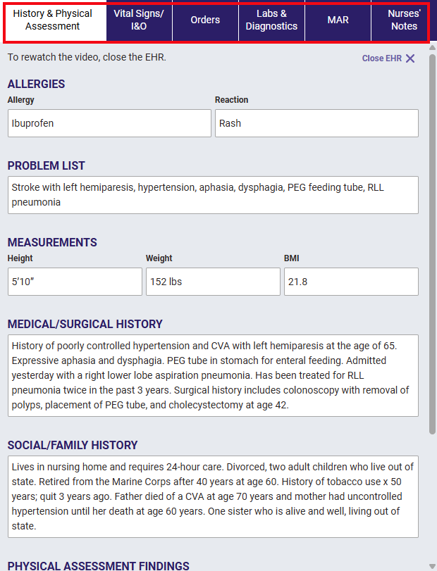 A screenshot of the EHR in a Simulation Assignment with a red box highlighting the 6 clickable tabs.