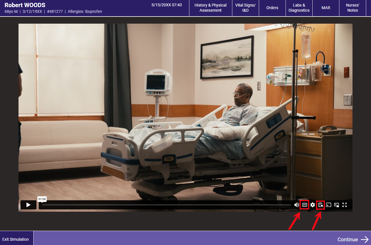 A screenshot of a video in a Simulation Assignment with red boxes and arrows highlighting the CC icon for captions and the transcript option to see a transcript.