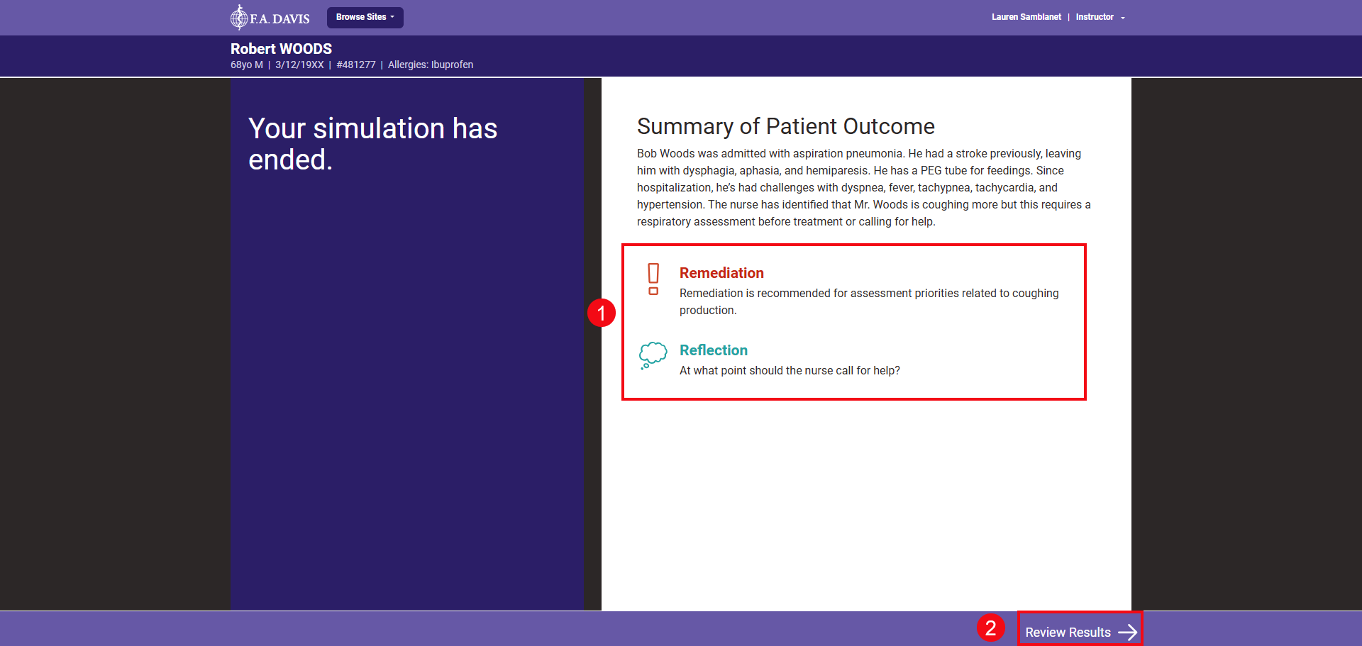 A screenshot of the Simulation end page with red boxes and numbers highlighting the remediation and reflection (1) and the Review Results option (2).