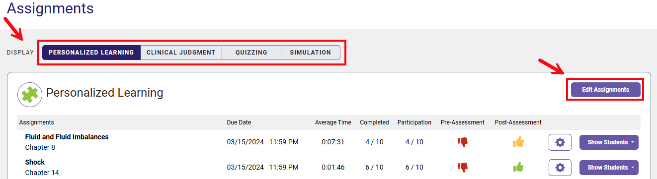 A screenshot of the Assignments page with red boxes and arrows highlighting the Display options and the Edit Assignments button.