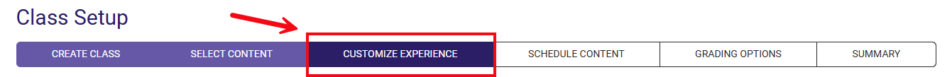 A screenshot of the Class Setup page with a red box and red arrow highlighting the Customize Experience step.