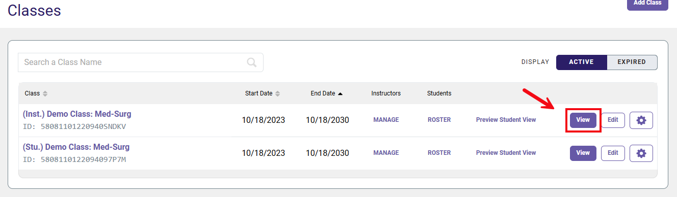 A screenshot of the Classes page with a red box and arrow highlighting the View button.