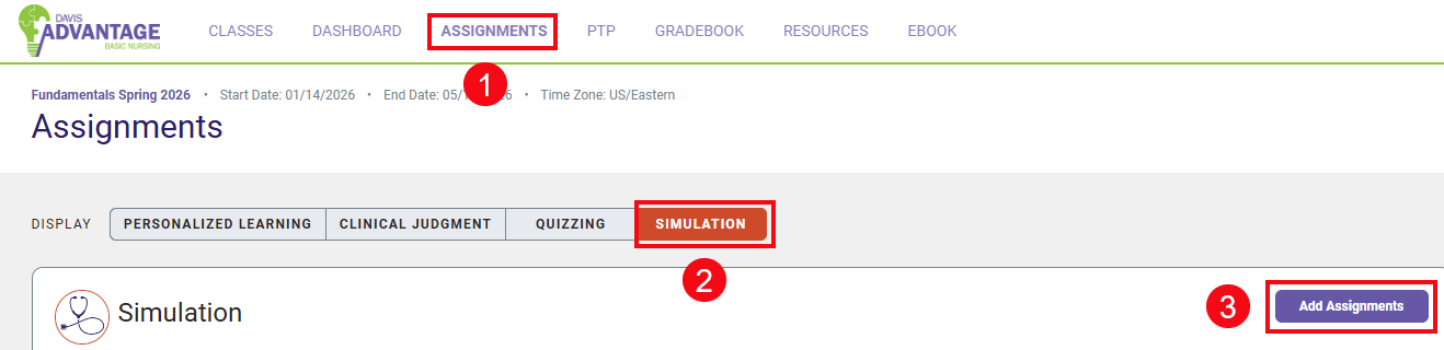A screenshot of the Assignments page in Davis Advantage with red boxes and numbers highlighting these options: Assignments option in header (1), Simulation display (2), and Add Assignments button (3).