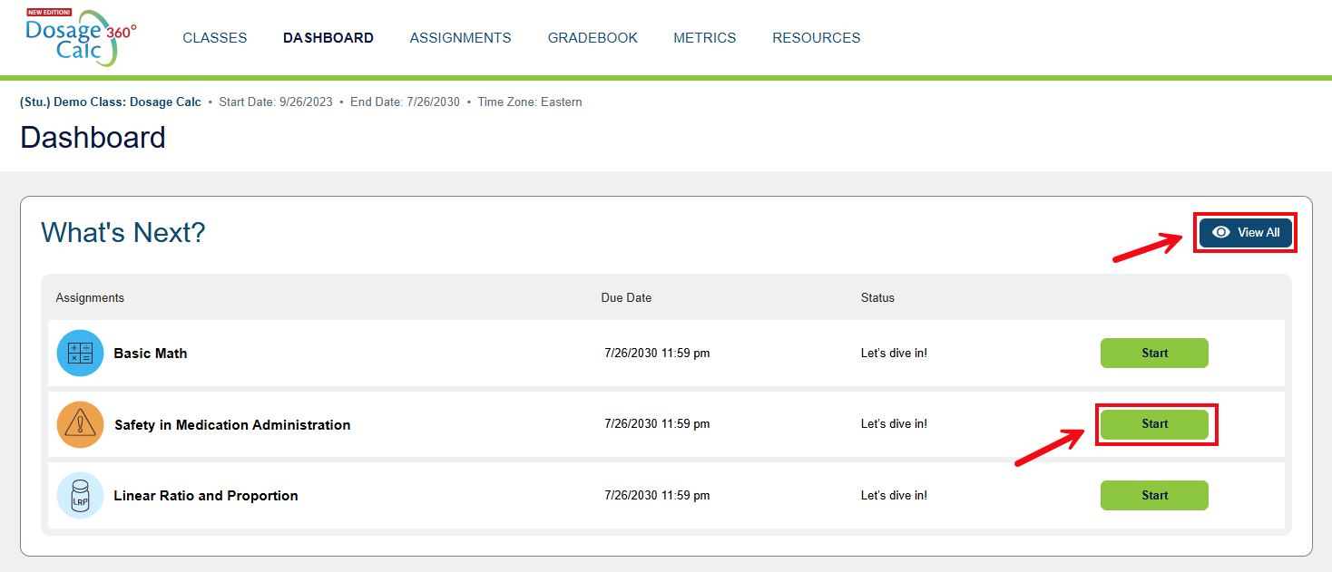 A screenshot of the Dashboard with red boxes and arrows highlighting the View All button and the Start button.