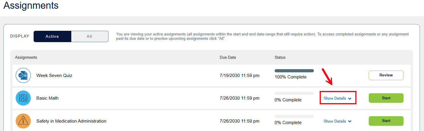 A screenshot of the Assignments page with a red box and arrow highlighting the Show Details button.