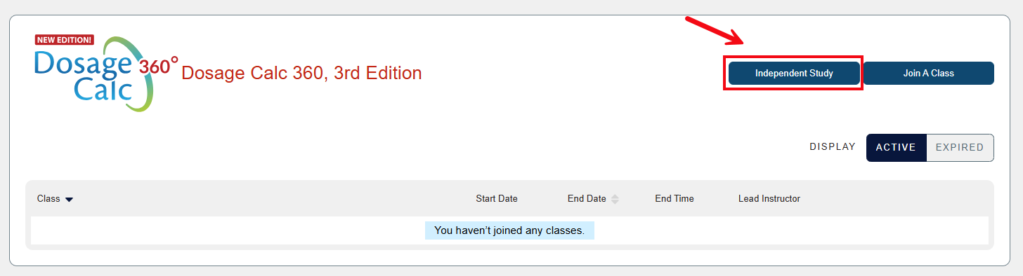 A screenshot of Davis 360 with a red box and arrow highlighting the Independent Study button.