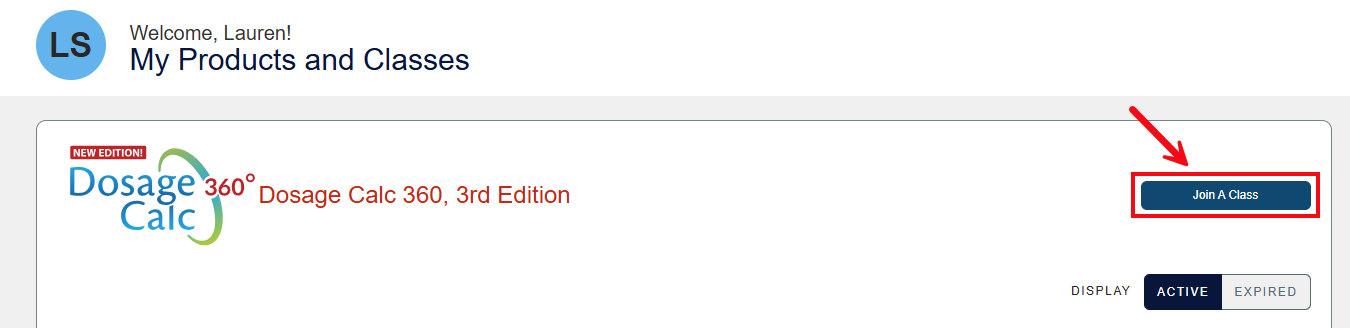 A screenshot of the Classes page with a red box and arrow highlighting the Join a Class button.
