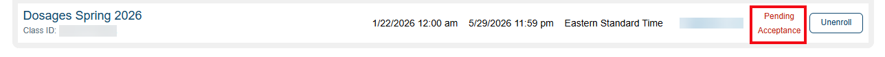 A screenshot of the Classes page with a red box highlighting the Pending Acceptance notice.