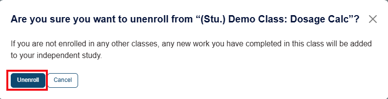 A screenshot of the unenroll pop-up with a red box highlighting the Unenroll button.