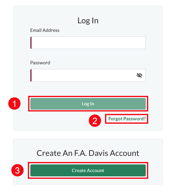 A screenshot of the log in page with red boxes and numbers highlighting the Log In button (1), the Forgot Password option (2) and the Create Account button (3).