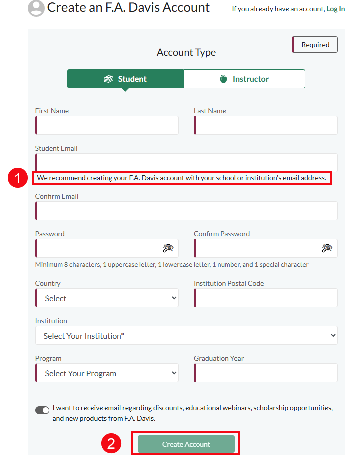 A screenshot of the Create Account page with red boxes and numbers highlighting the note to use an institutional email address (1) and the Create Account button (2).