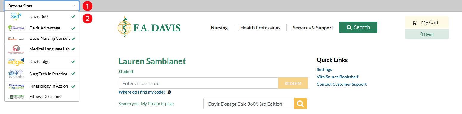 A screenshot of the homepage with red numbers highlighting the Browse Sites drop-down menu in the header (1) and the Davis 360 option (2).