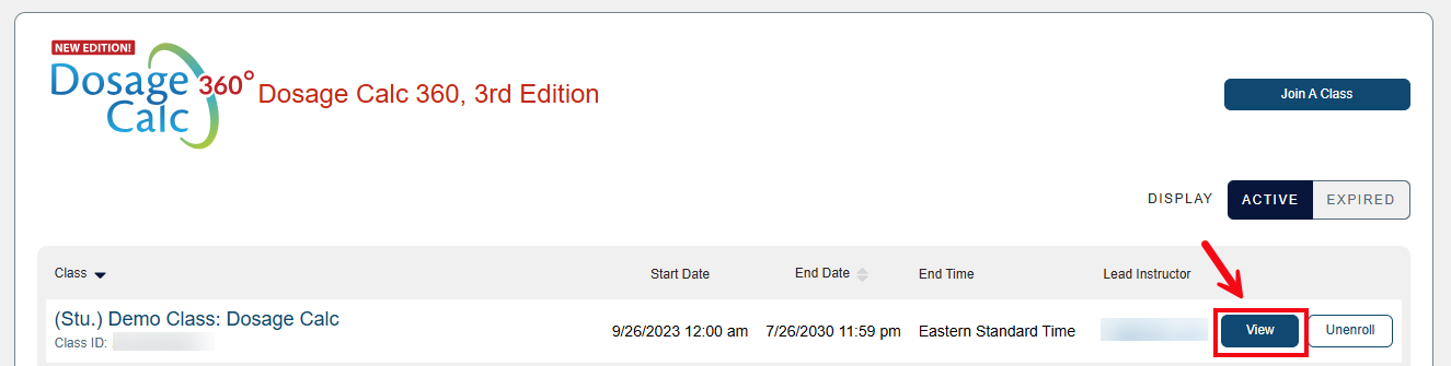 A screenshot of the Classes page with a red box and arrow highlighting the View button.