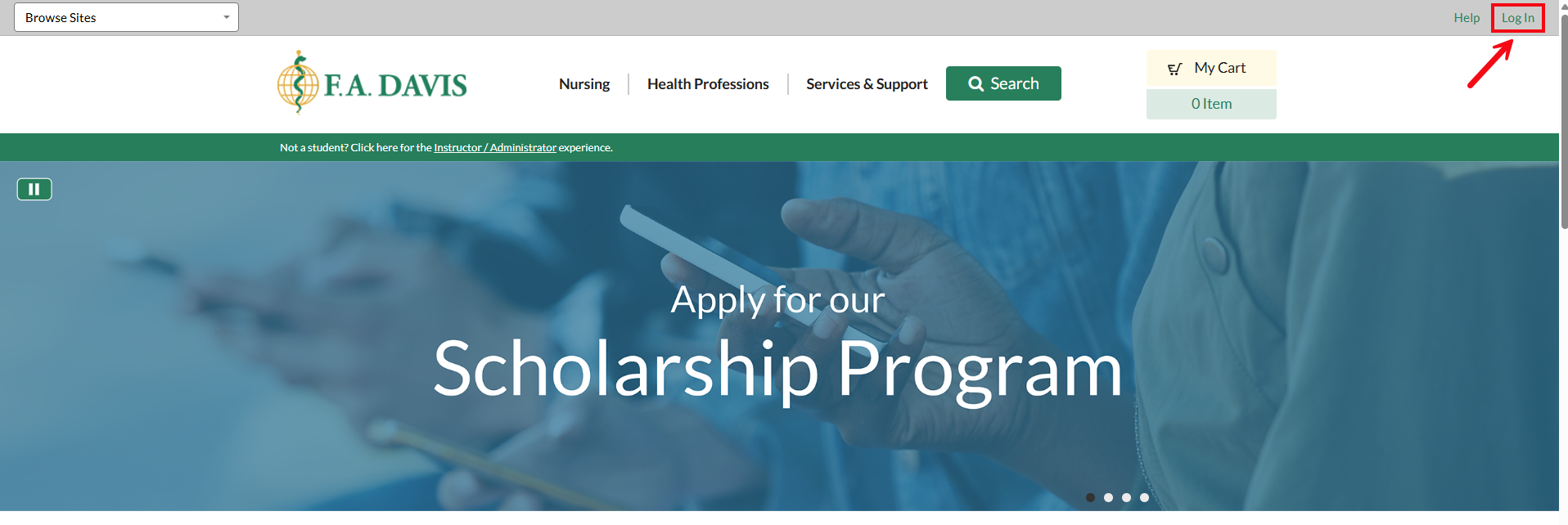A screenshot of fadavis.com with a red box and arrow highlighting the Log In option in the header.