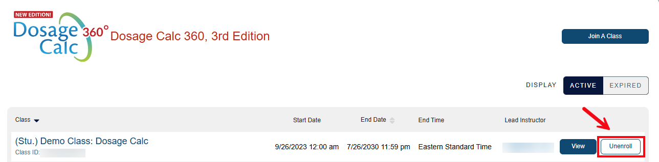 A screenshot of the Classes page with a red box and arrow highlighting the Unenroll button.