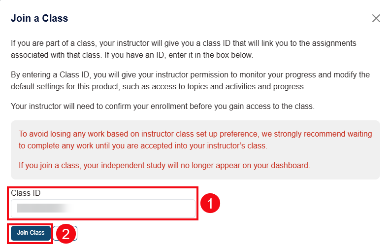 A screenshot of the Join Class pop-up with red boxes and numbers highlighting the Class ID field and the Join Class button.