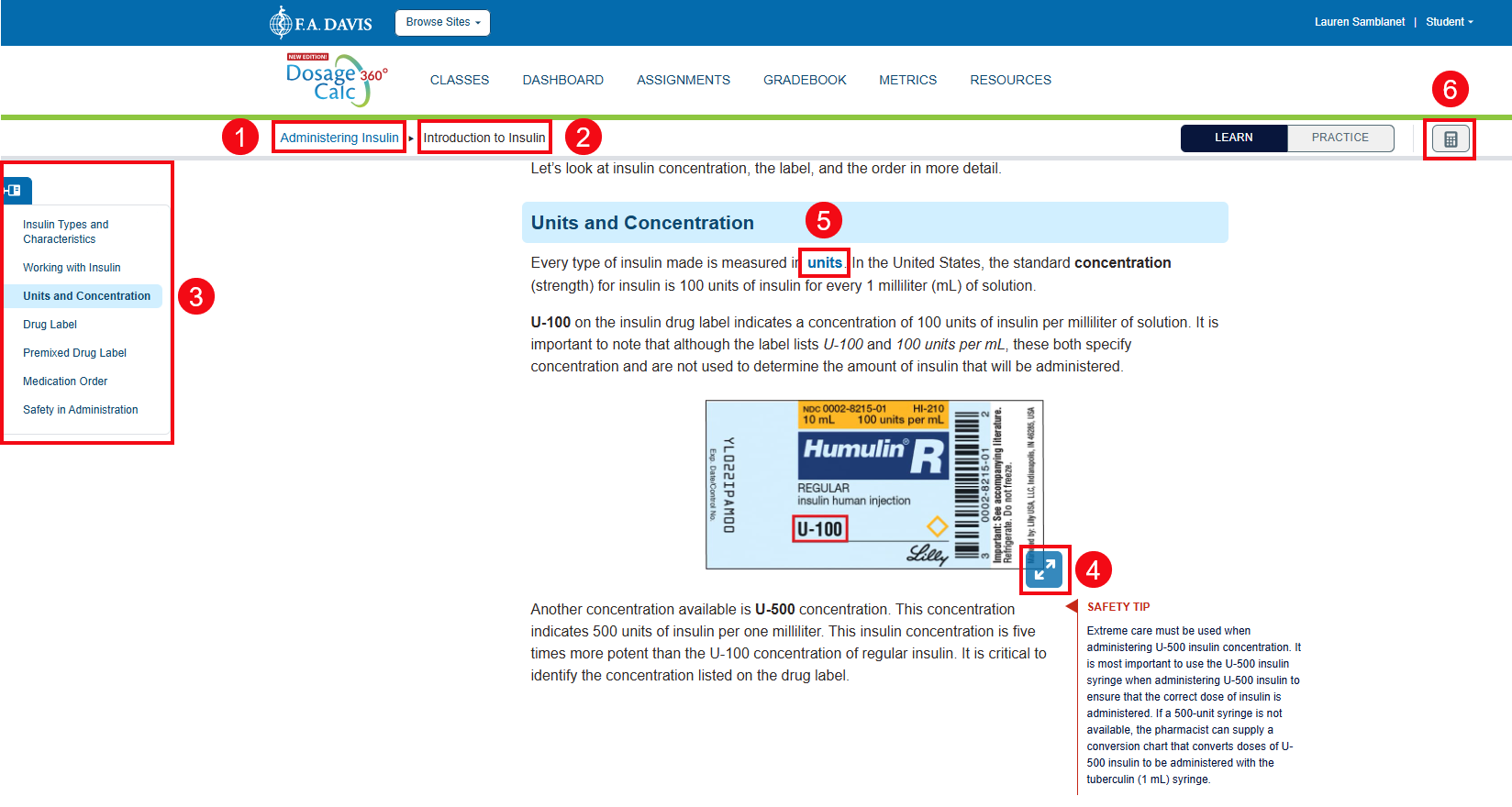 A screenshot of an assignment with red boxes and numbers highlighting the Module Name (1), the Topic Name (2), the navigation panel (3), the images and the open to enlarge the image (4), the key concepts (5) and the calculator (6).