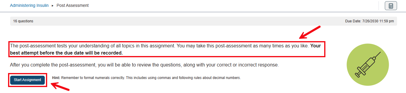 A screenshot of the first page of a Post Assessment with red boxes and arrows highlighting the grading rules and the Start Assignment button.