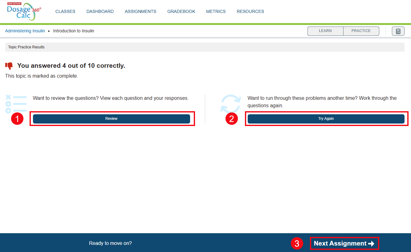 A screenshot of the Results screen with red boxes and numbers highlighting the Review button (1), the Try Again button (2), and the Next Assignment option (3).