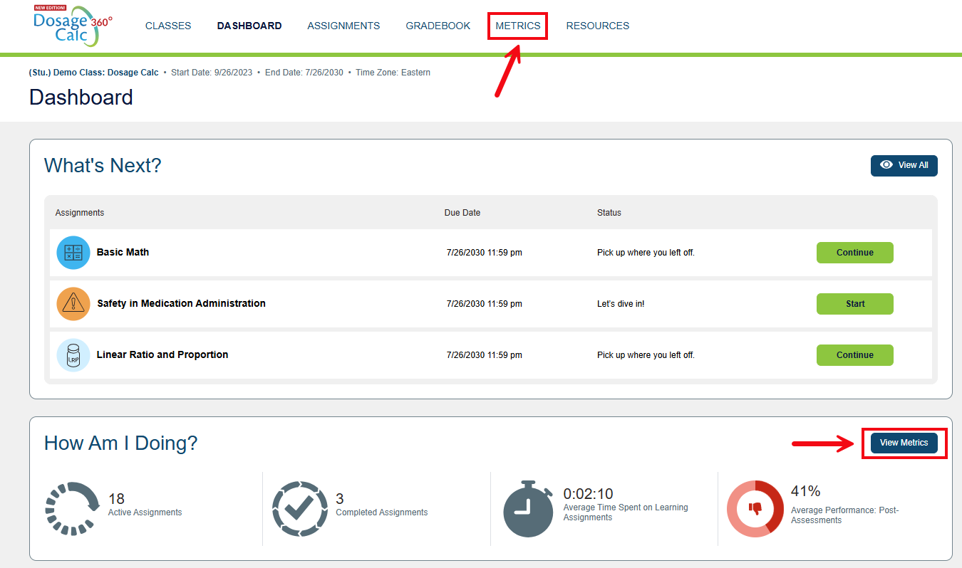 A screenshot of the Dashboard with red boxes and arrows highlighting the Metrics option in the header and the View Metrics button.
