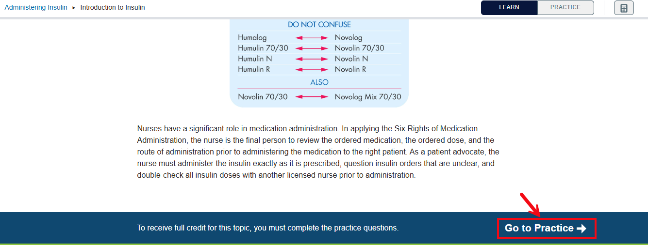 A screenshot of the Learn section of a Module with a red box and Arrow highlighting the Go to Practice button.