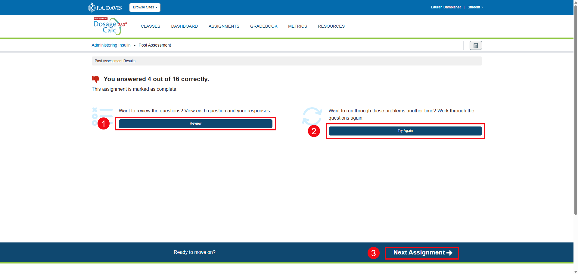 A screenshot of the Results screen with red boxes and numbers highlighting the Review button (1), the Try Again button (2), and the Next Assignment option (3).