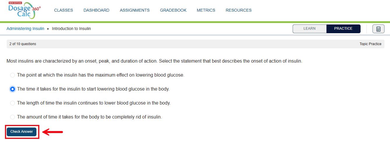 A screenshot of a question in Practice with a red box and arrow highlighting the Check Answer button.