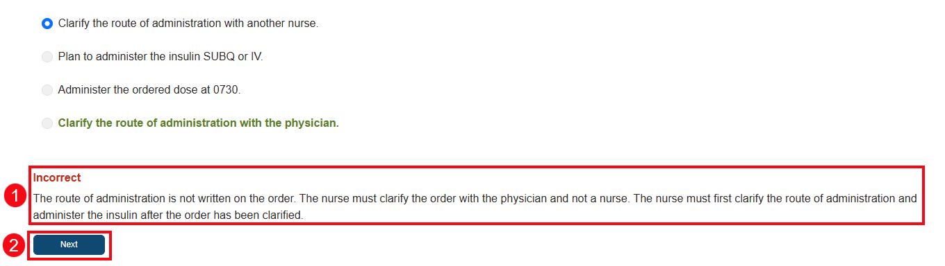 A screenshot of the feedback for a question with red boxes and numbers highlighting the rationale (1) and the Next button (2).
