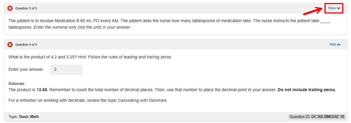 A screenshot of the results page with a red box and arrow highlighting the Show option by each question.