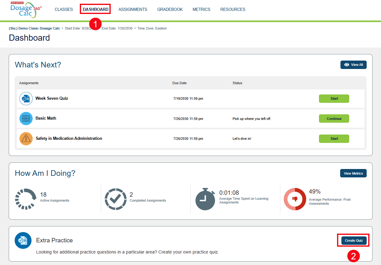 A screenshot of Davis 360 with red boxes and numbers highlighting the Dashboard option in the header (1) and the Create Quiz button (2).