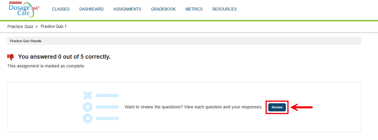 A screenshot of the results page with a red box and arrow highlighting the Review button.
