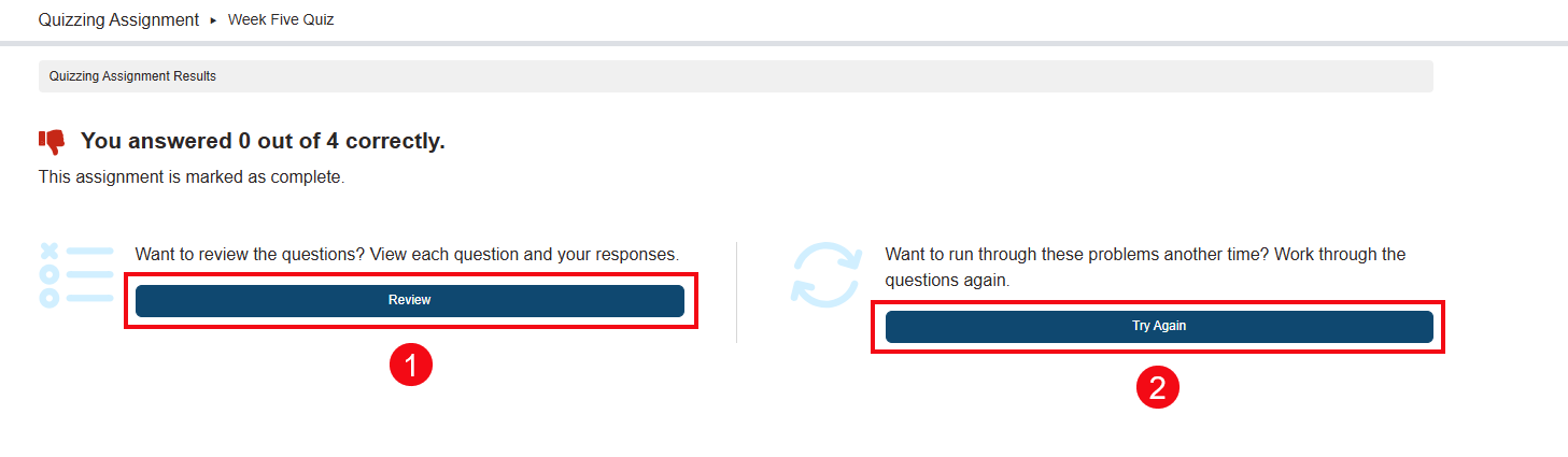 A screenshot of the Results page with red boxes and numbers highlighting the Review button (1) and the Try Again button (2).
