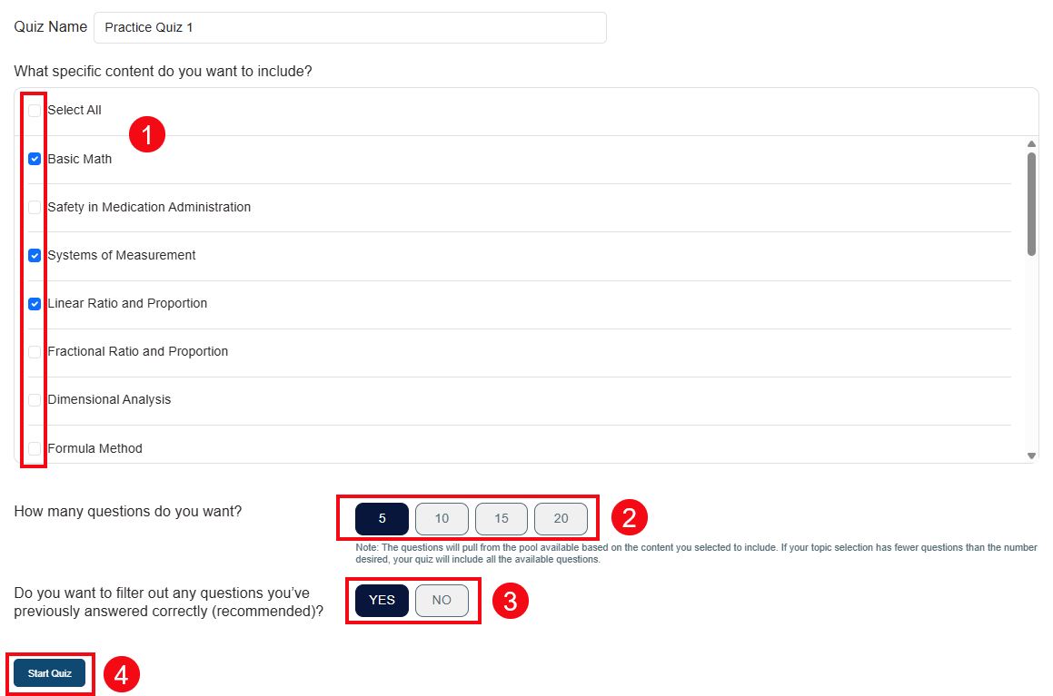 A screenshot of the Create Practice Quiz page with red boxes and numbers highlighting the checkboxes to choose topics (1), the option to choose between 5-25 questions (2), the Yes and No options to filter out questions answered correctly (3) and the Start Quiz button (4).