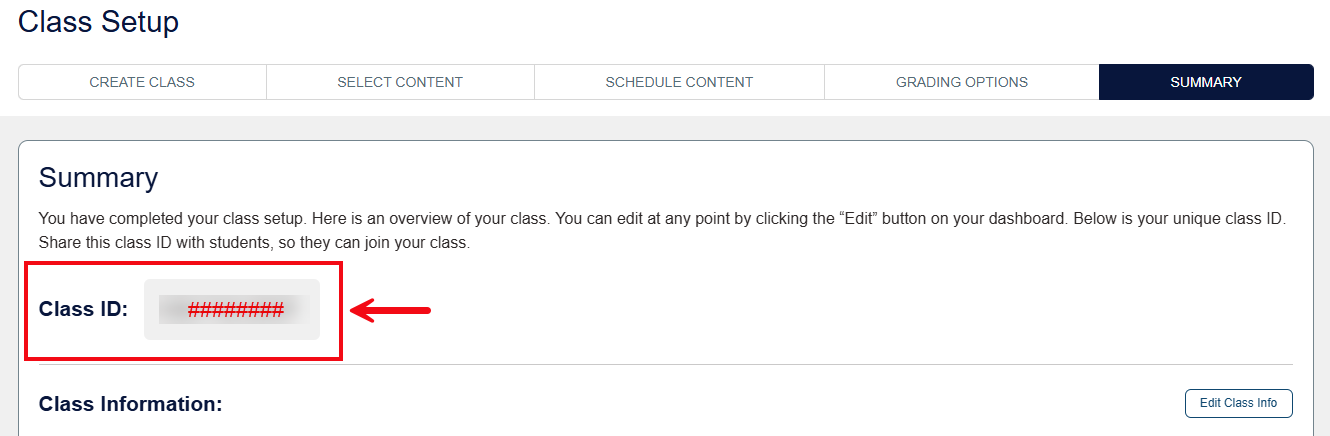 A screenshot of the Summary page with a red box and arrow highlighting the Class ID field.