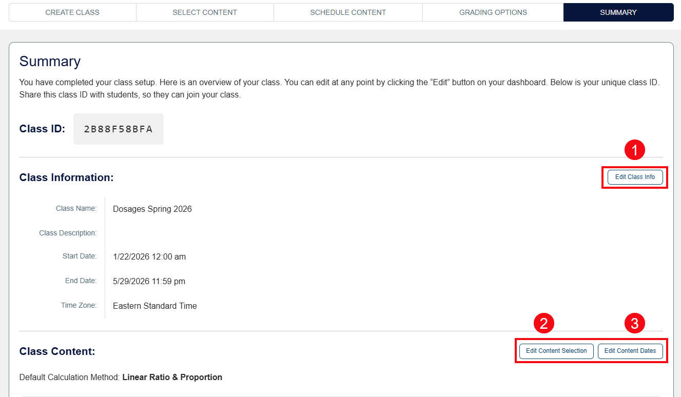 A screenshot of the Summary page with red boxes and numbers highlighting the Edit Class Info button (1), the Edit Content Selection button (2), and the Edit Content Dates button (3).