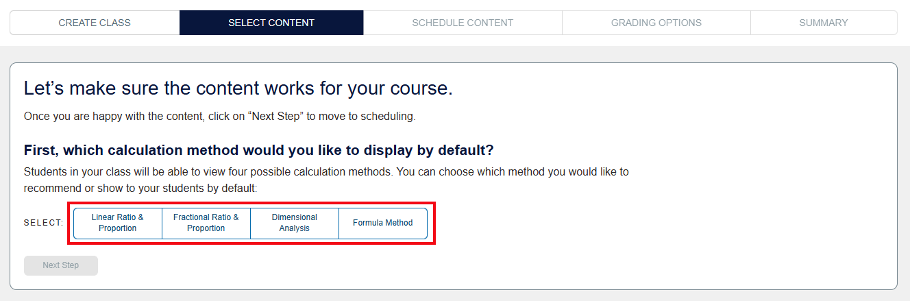A screenshot of the Select Content page with a red box highlighting the four calculation methods to choose from.