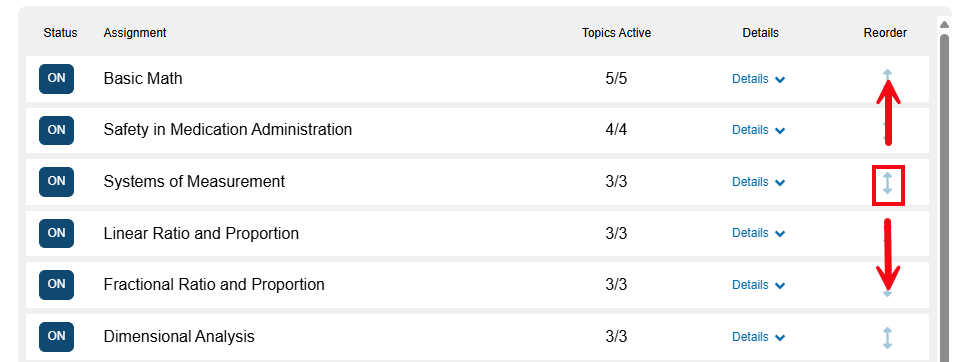 A screenshot of the Select Content page with a red box and arrows highlighting the arrow icons used to reorder topics.
