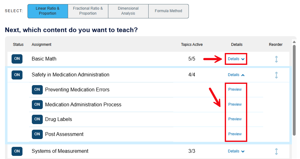 A screenshot of the Select Content page with red boxes and arrows highlighting the Details option and the Preview option.