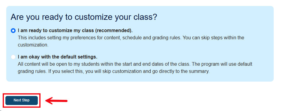 A screenshot of the Create Class page with a red box and arrow highlighting the Next Step button.
