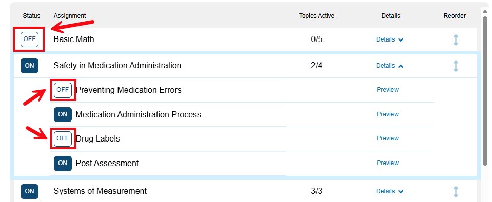 A screenshot of the Select Content page with red boxes and arrows highlighting the On/Off buttons for Modules and topics within modules.