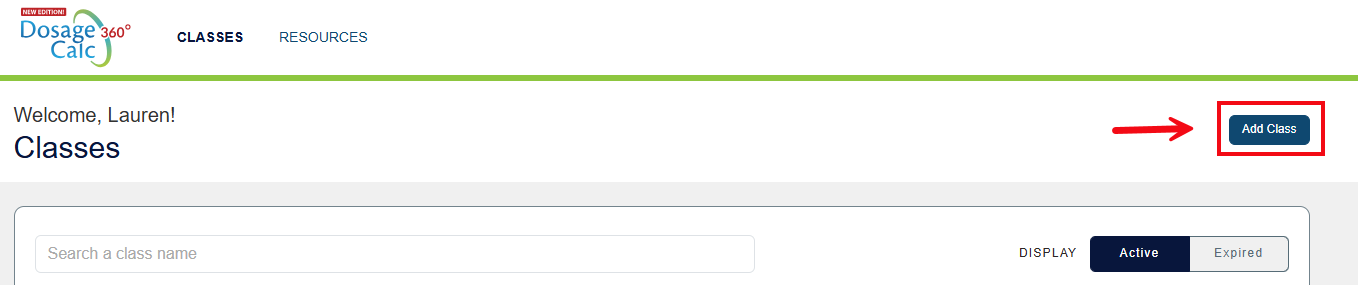A screenshot of the Classes page with a red box and arrow highlighting the Add Class button.