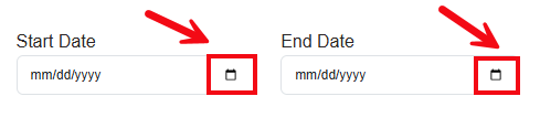 A screenshot of the Create Class page with red boxes and arrows highlighting the calendar icons used to select start and end dates.