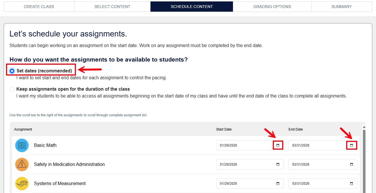 A screenshot of the Schedule Content page with red boxes and arrows highlighting the Set Dates option and the calendar icons used to choose dates.