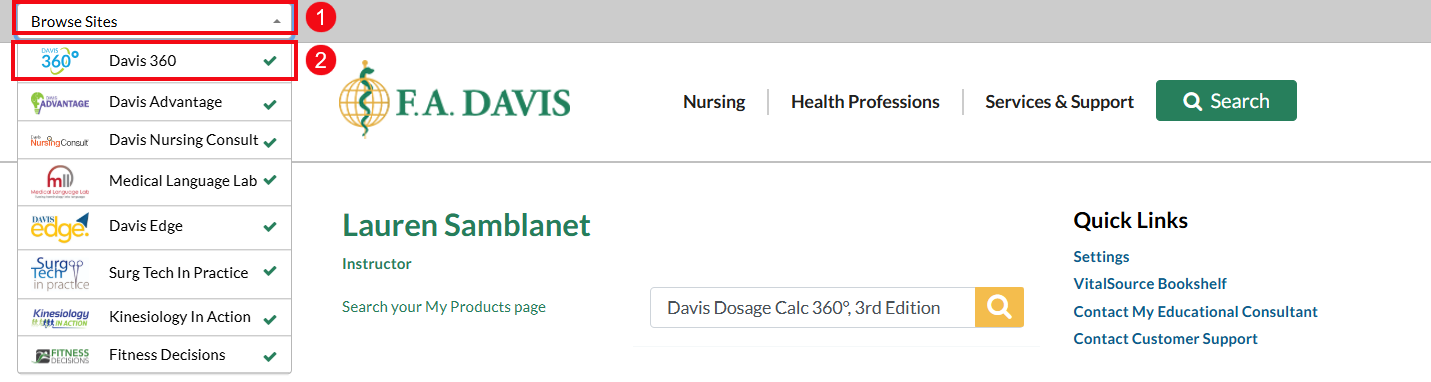 A screenshot of fadavis.com with red boxes and numbers highlighting the Browse Sites drop-down menu (1) and the Davis 360 option (2).