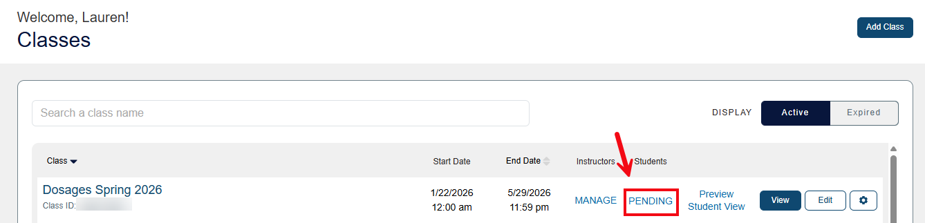 A screenshot of the Classes page with a red box and arrow highlighting the Pending option.