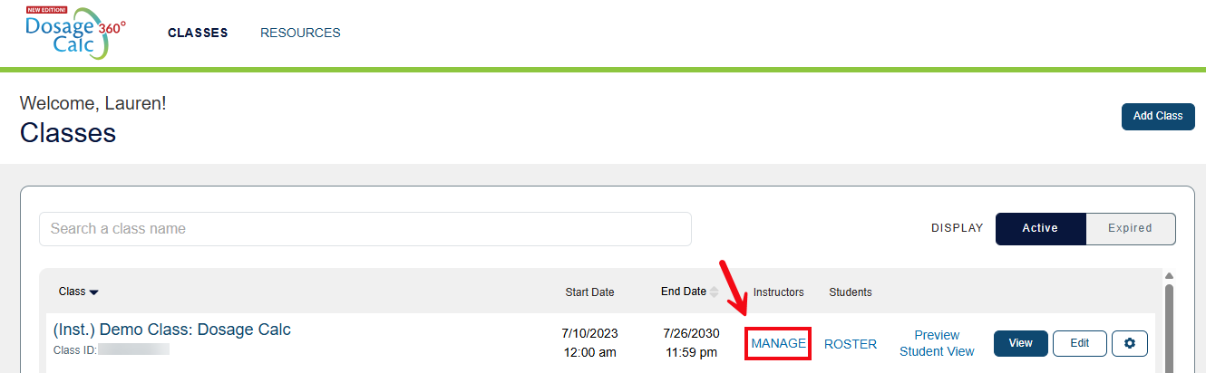 A screenshot of the Classes page with a red box and arrow highlighting the Manage option.