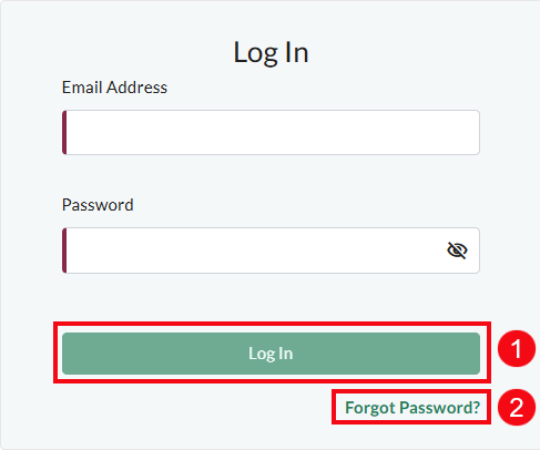 A screenshot of the Log In page with red boxes and numbers highlighting the Log In button (1) and the Forgot Password option (2).