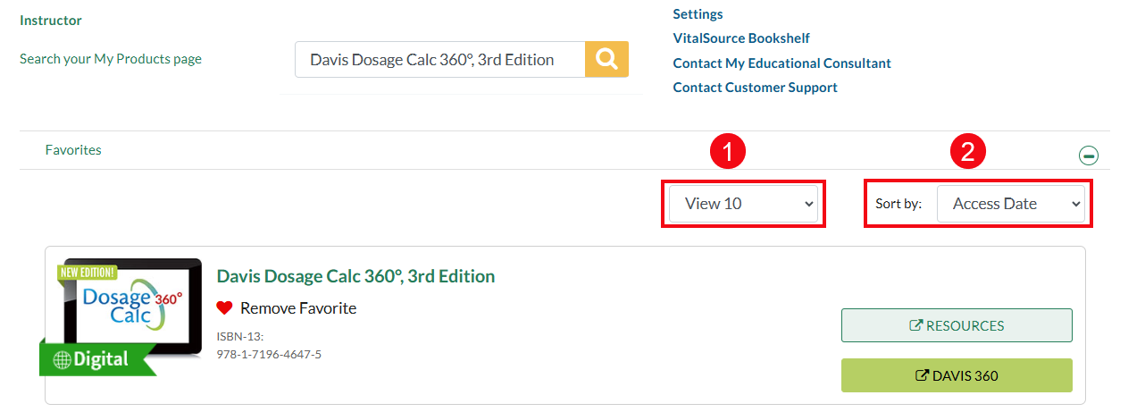 A screenshot of fadavis.com with red boxes and numbers highlighting the View filter (1) and the Sort By filter (2).
