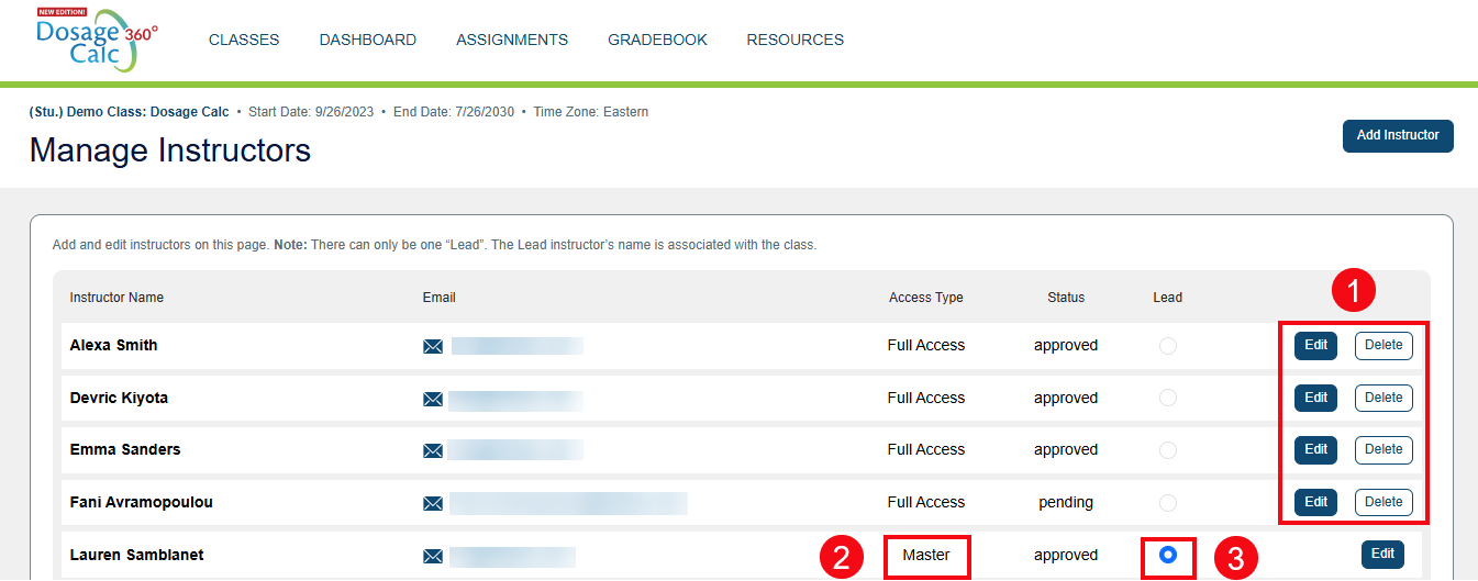 A screenshot of the Manage Instructors page with red boxes and numbers highlighting the Edit and Delete buttons (1), the Master Access Type (2), and the Lead checkbox (3).