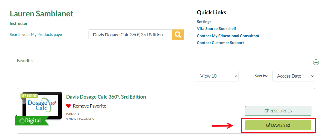 A screenshot of fadavis.com with a red box and arrow highlighting the Davis 360 button.